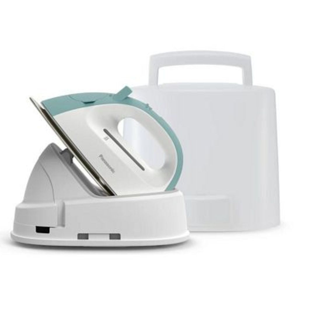 White and green iron with a carrying case on a white background