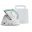 White and green iron with a carrying case on a white background