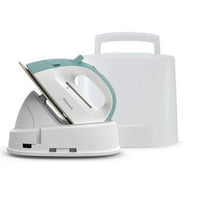 White and green iron with a carrying case on a white background