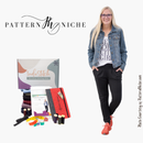 Woman standing next to sewing kit and 'Pattern Niche' branding