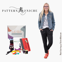 Woman standing next to sewing kit and 'Pattern Niche' branding