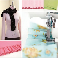 Collage of sewing-related items including a mannequin with a scarf, fabric, and a sewing machine.