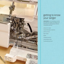 Sewing machine with a blue section on the right explaining how to get familiar with the serger.