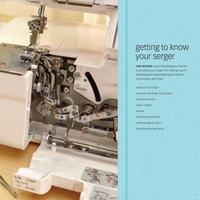 Sewing machine with a blue section on the right explaining how to get familiar with the serger.