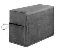 Gray fabric sewing machine cover with storage compartment on a white background