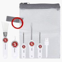 Set of tools with a clear mesh pouch and gray zipper, featuring a brand logo.