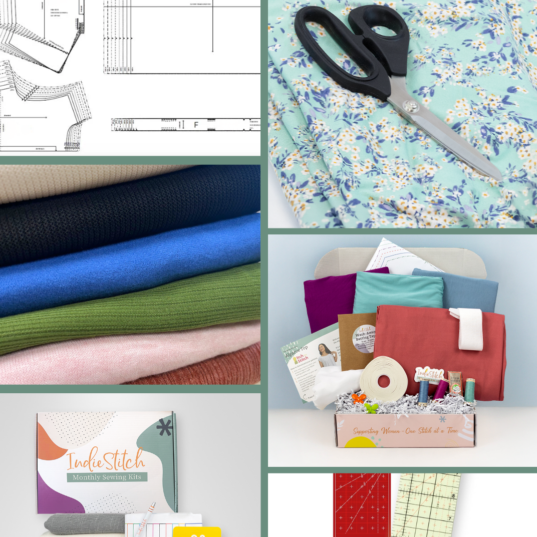 Collage of fabric swatches, sewing tools, and materials on a white background