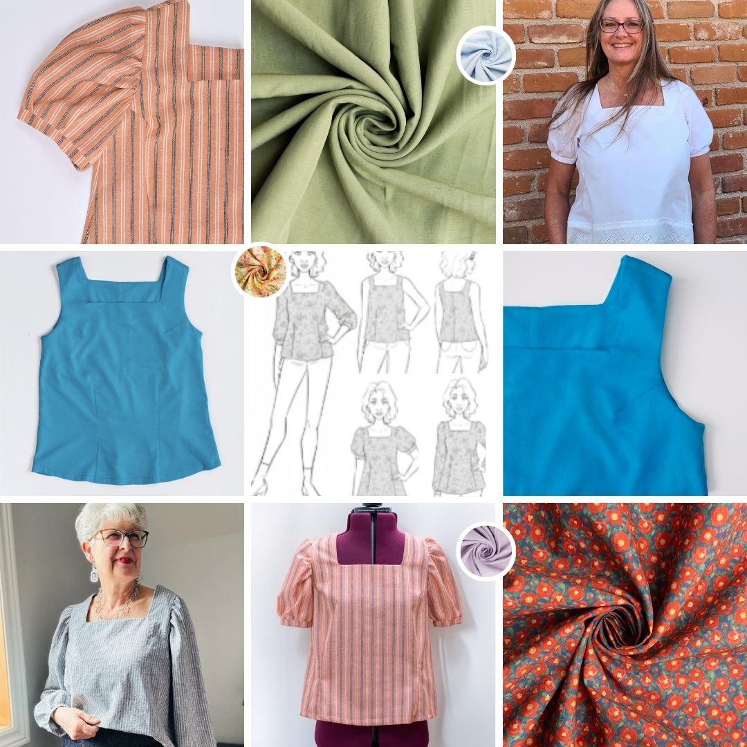 A collage featuring the Zara Square Neck Blouse with finished tops, pattern sketches, close-up details, and coordinating fabric options.
