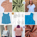A collage featuring the Zara Square Neck Blouse with finished tops, pattern sketches, close-up details, and coordinating fabric options.