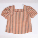A bright orange sleeveless top featuring a square neckline and vertical line texture, laid flat on a clean white background.