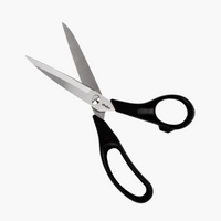 Gingher scissors open, black handles